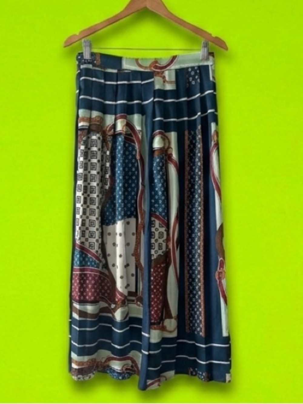 Zara Navy Blue Printed Midi Skirt with Burgundy Accents